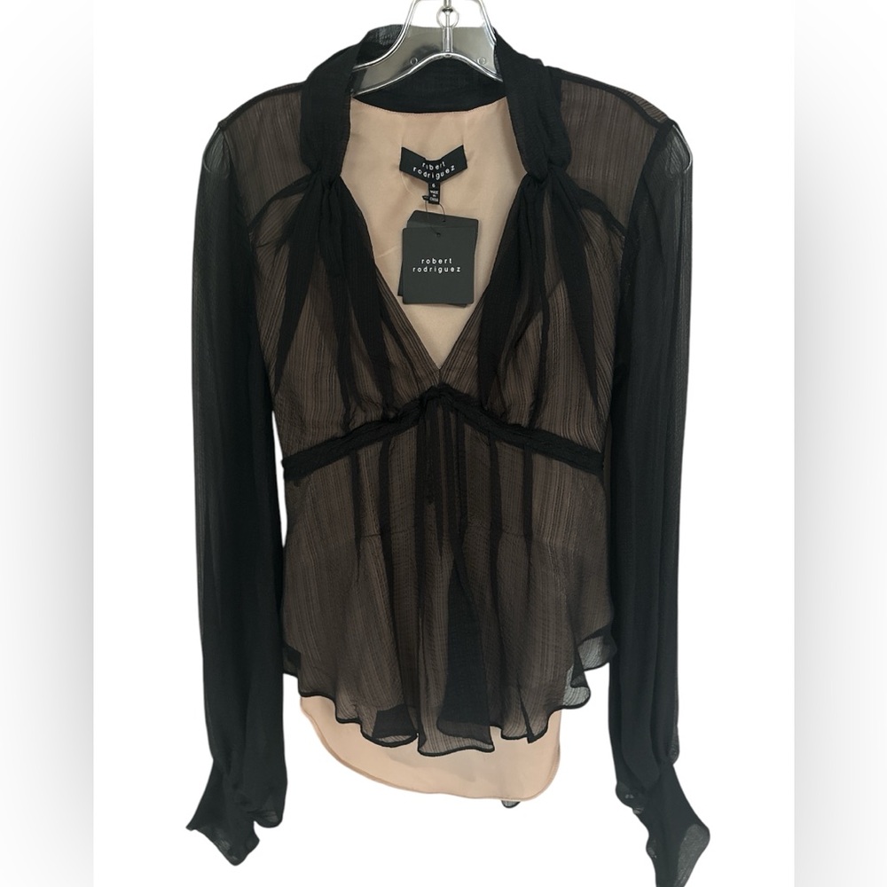 Robert Rodriguez Black Sheer Tie-Neck Blouse